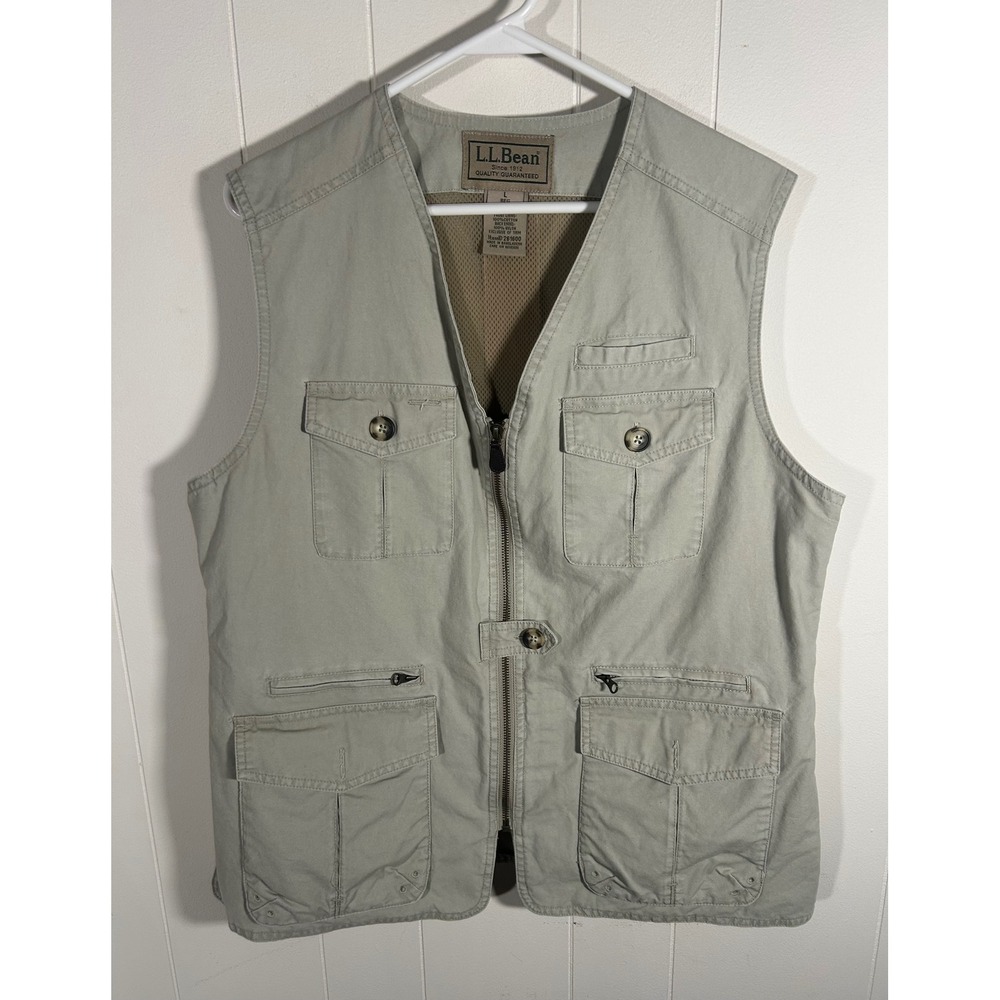 L.L.Bean Cotton Utility Safari Vest Cream Multi Pocket Fishing Travel Womens L